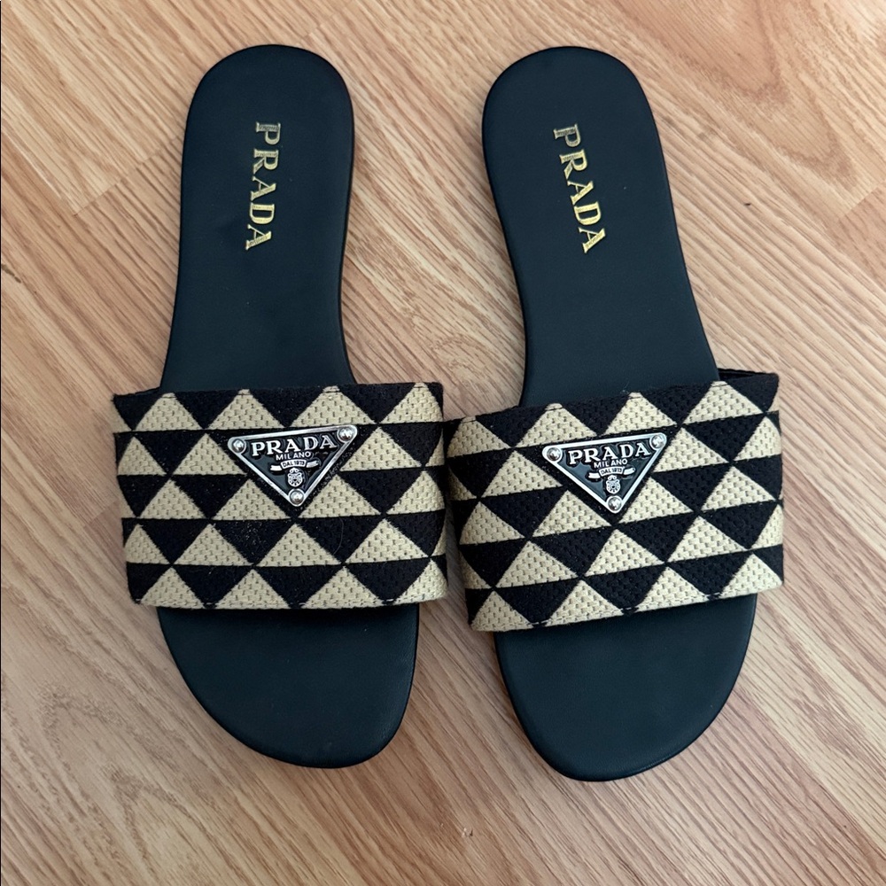 Prada Black & Beige Geometric Slide Sandals